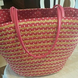 Straw pink poky dot beach bag