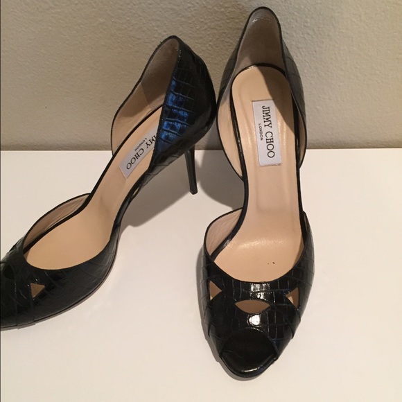Jimmy choo lizard print patent black pumps