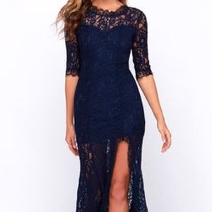 Navy Lulus eyelash lace maxi with slit