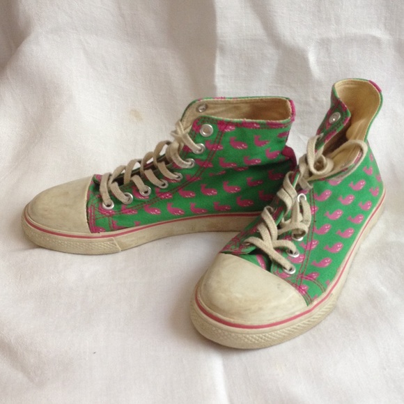 Green and pink whale high top sneakers