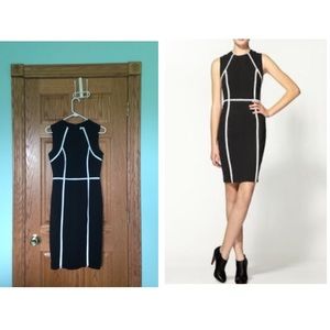 Calvin Klein sheath black dress with white piping.