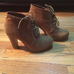 Camel color platform booties.