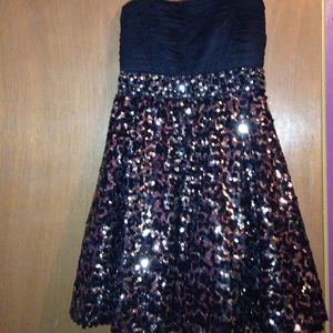 Short gold and black sparkle prom dress