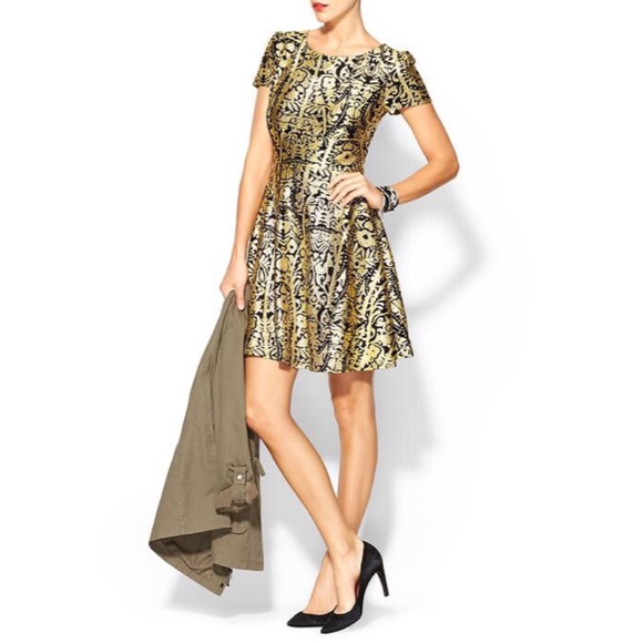 Black & Gold Metallic Floral Fit & Flare Dress