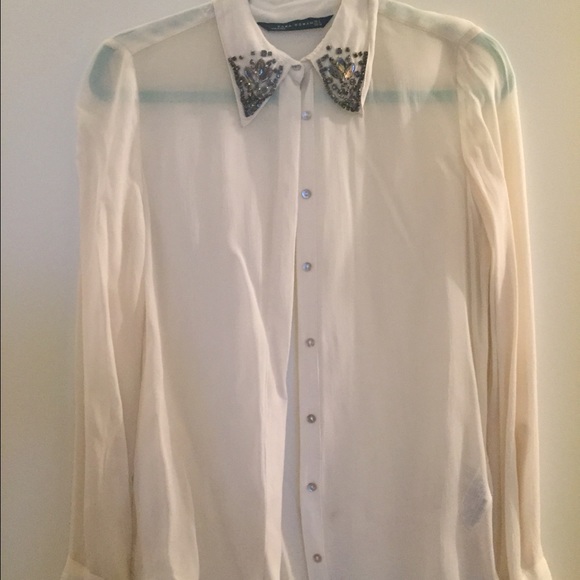 Zara Sheer Button Down Shirt with Jeweled Collar