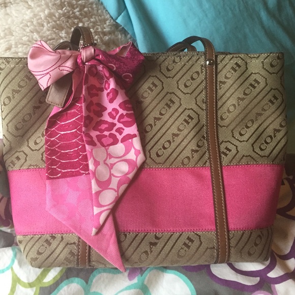 Coach over the shoulder bag with pink Coach scarf