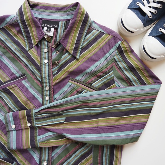 FINAL Athleta Vertical Stripe Pearl Snap Blouse