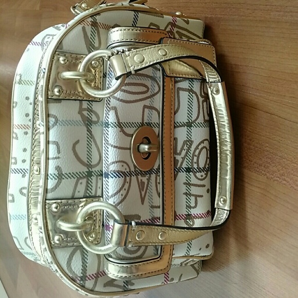 Multicolor/gold tattersall graffiti satchel.