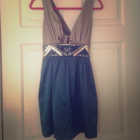 Deep V Silver and Navy Blue Formal/Cocktail Dress