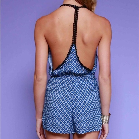 Large printed blue shorts drawstring romper - Picture 2 of 2