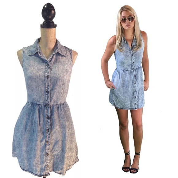Mimi Chica Acid Wash Denim Pocket Dress #1045