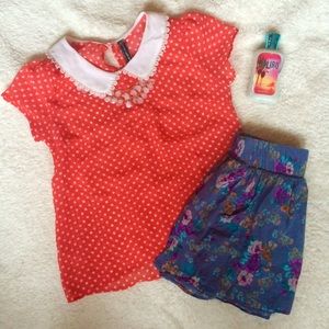 Sheer Coral Polka Dotted Peter Pan Collar Blouse