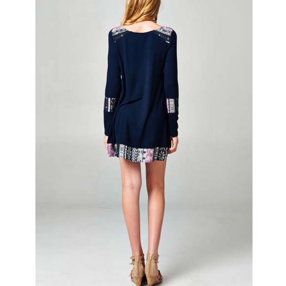 🆕COCO Paneled Tribal Print Tunic Dress- NAVY - Picture 2 of 4