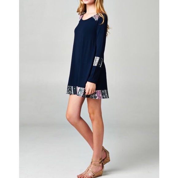 🆕COCO Paneled Tribal Print Tunic Dress- NAVY - Picture 3 of 4