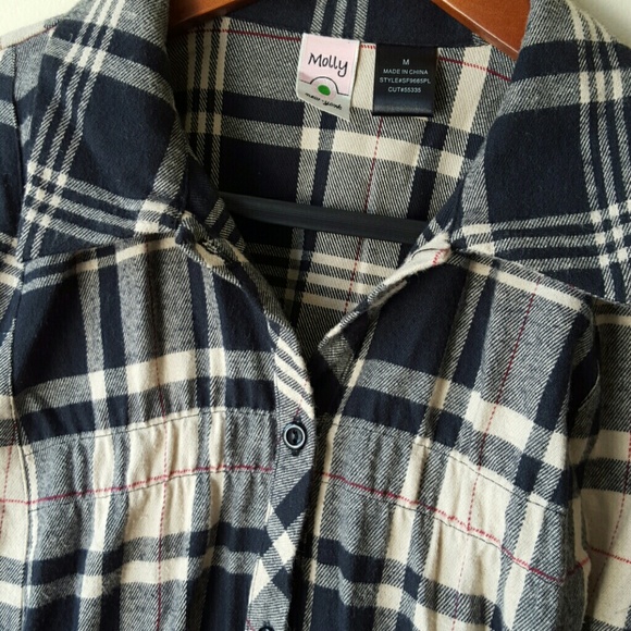 Navy blue & cream tunic flannel w/ red stripe sz M - Picture 2 of 4