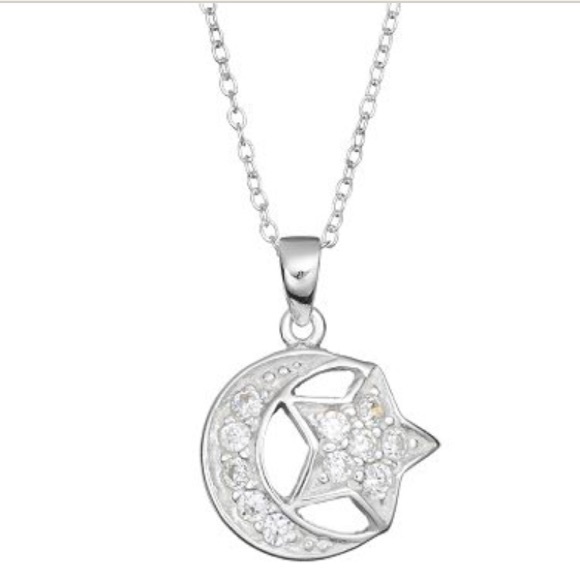 CZ Sterling Silver Moon & Star Pendant Necklace