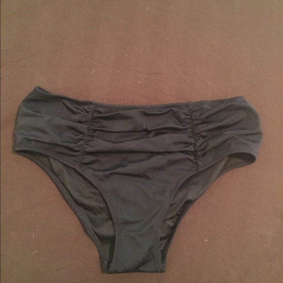 High wasted black ruched swim suit bottoms.