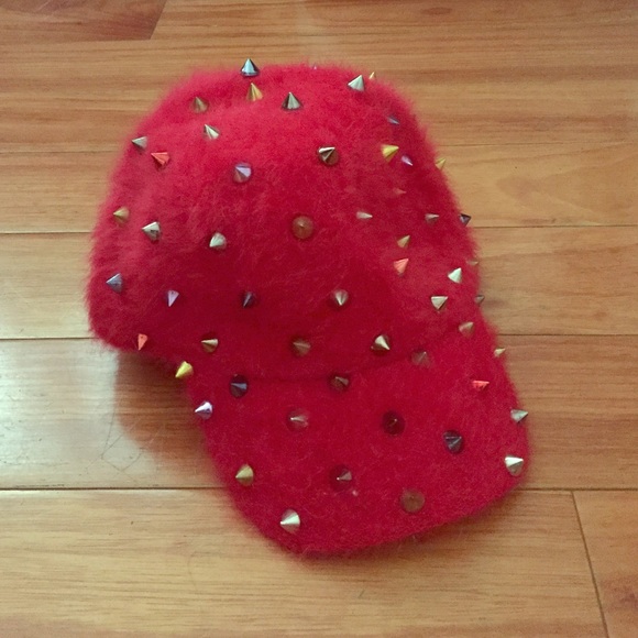 Furry Studded Cap Red