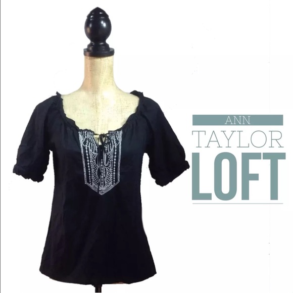 Ann Taylor Loft Black Embroidered Drawstring Top