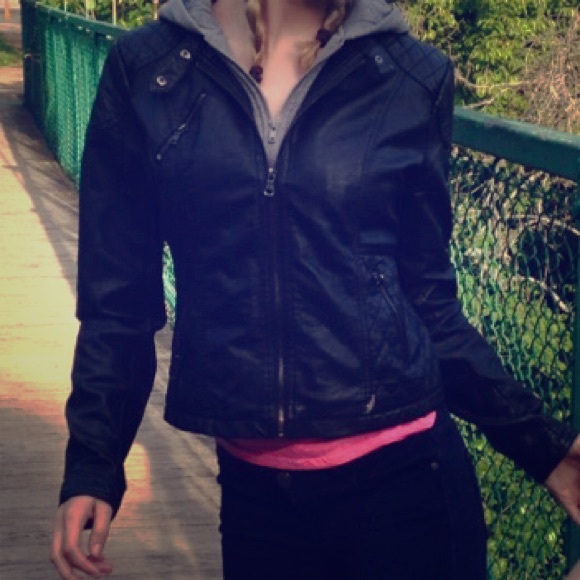 Stylish leather jacket with cotton gray hood