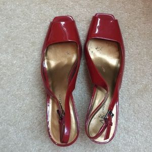 Anne Klein Red Patent Leather sling back wedges