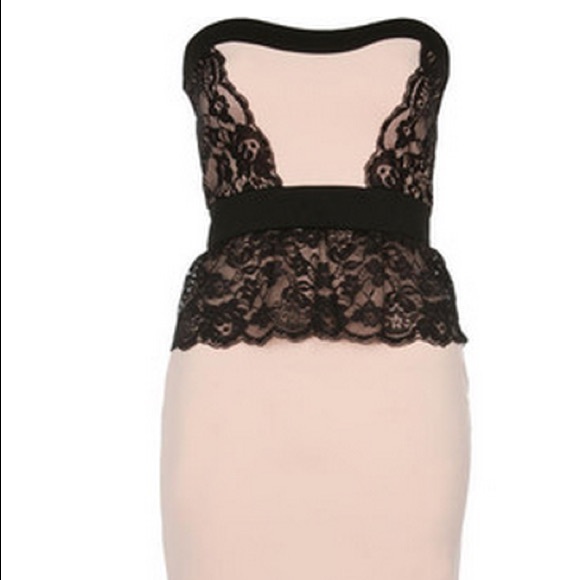 Black & Nude Strapless Lace Peplum Dress