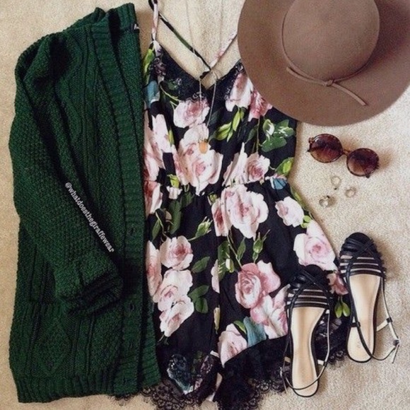 Dresses & Skirts - Black Floral with Lace Trim Romper Jumpsuit