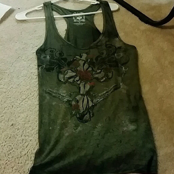Green studded vetoed stoned tank top