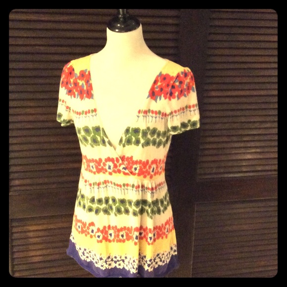 French Vintage Patterned V-Neck Smock Sweater