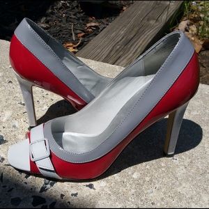 Grey and Red Open Toe Heels