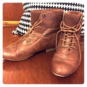 Brown faux leather lace up ankle booties