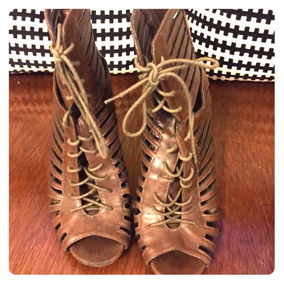 Brown lace up wedge booties