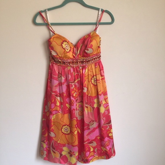 100% silk floral print dress with detail