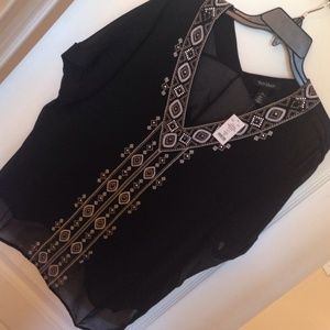 WHBM sheer embroidered top NWT black and silver
