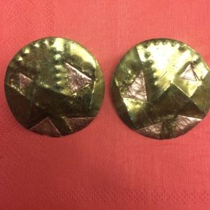 Bronze circle earrings w/ copper geometric shapes!
