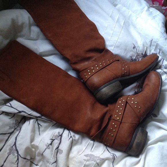 Brown Knee High Studded Boots