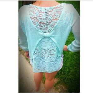 Pretty mint blue sheer lace top w/ bow