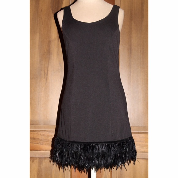 Black feather trim dress, super cute & different!