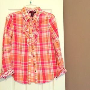 Colorful plaid button down sz M with floral accent