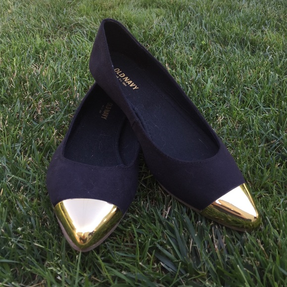 Black flat with gold cap toe size 6