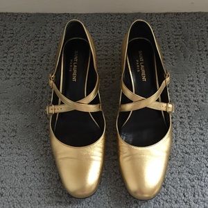 Saint Laurent Gold Mary Jane Shoes 38