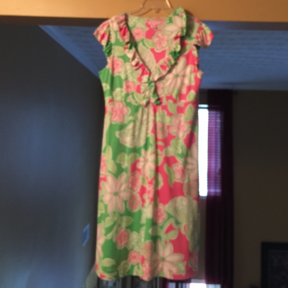 V-neck pink, green, and white dress