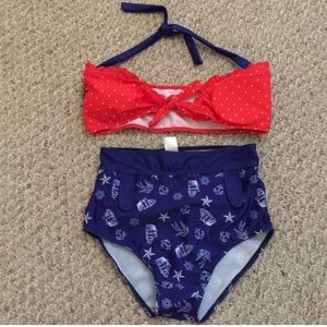 Nautical high waisted two piece swim suit