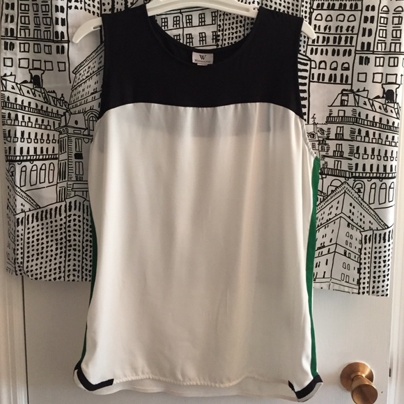 Sheer white, black and green trim top
