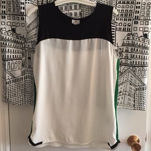 Sheer white, black and green trim top