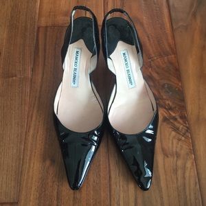 Manolo Blahnik black patent sling backs
