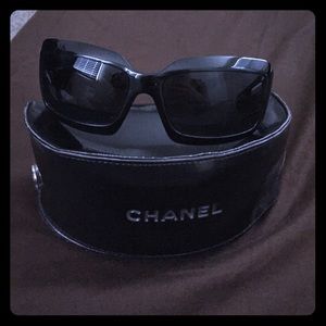 Authentic Chanel black logo sunglasses with case