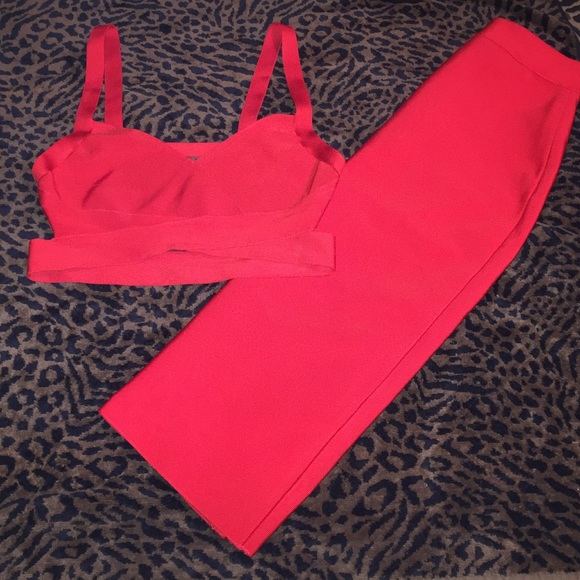 Ariana Red Bandaged 2 Piece Midi Skirt Crop Set - Picture 3 of 7