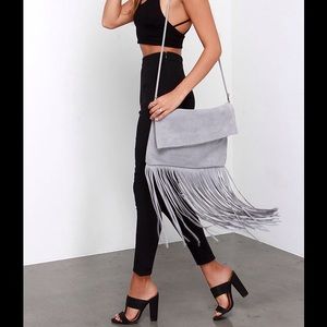 Grey Suede Leather Fringe Purse