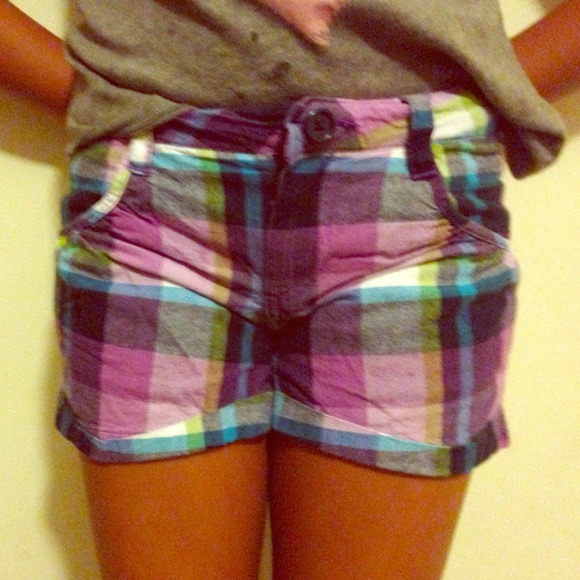 purple plaid shorts